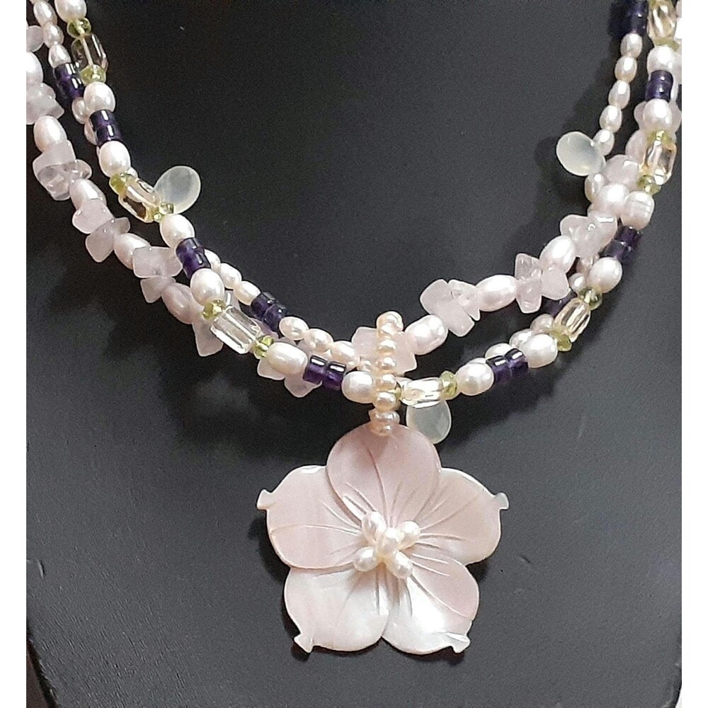 Lucas Lameth LUC sterling silver & pearl mixed semi precious gemstone multi stra